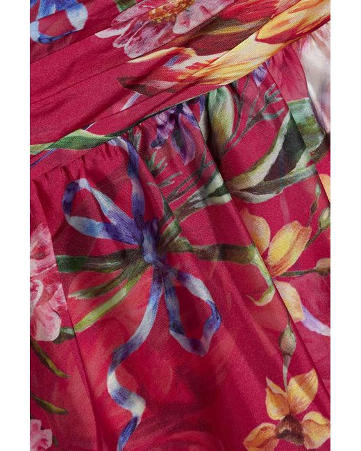 Marchesa Red Cape-effect Floral-print Charmeuse Gown