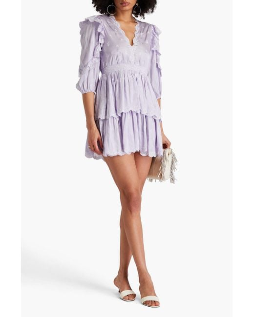 Maje Purple Tiered Embroidered Satin Mini Dress