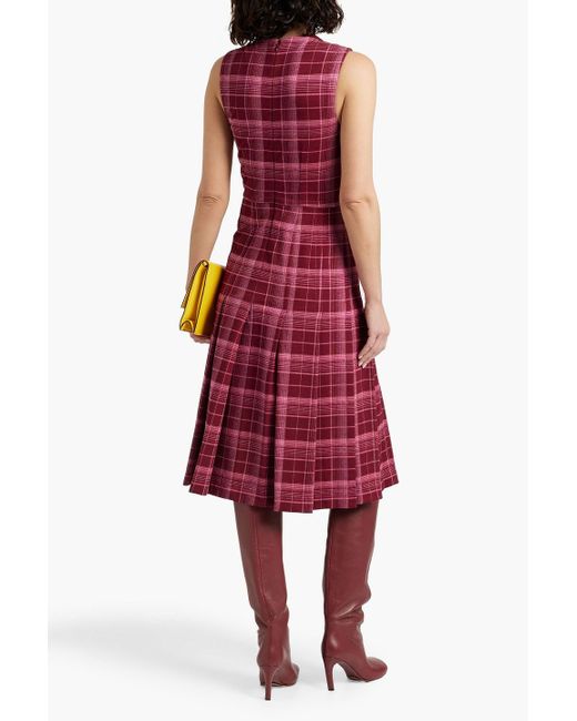 Marni Red Pleated Checked Jersey Midi Dress