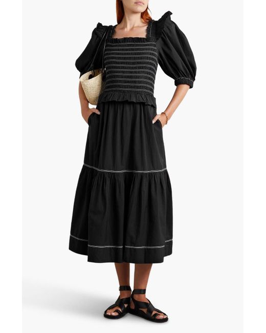 Sea Black Sibylle Ruffled Smocked Cotton-sateen Midi Dress