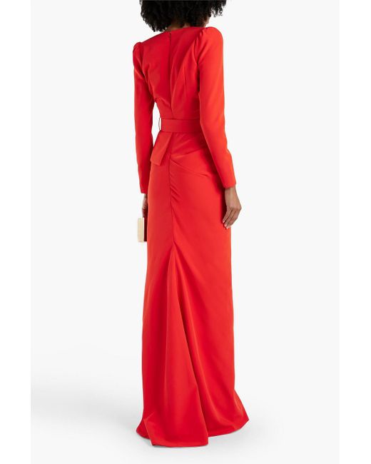 Rhea Costa Red Belted Draped Crepe Gown