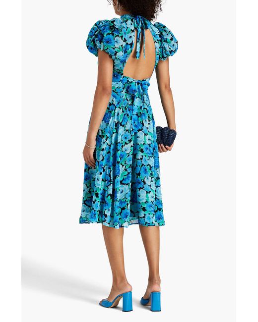 ROTATE BIRGER CHRISTENSEN Blue Shirred Floral-print Chiffon Midi Dress