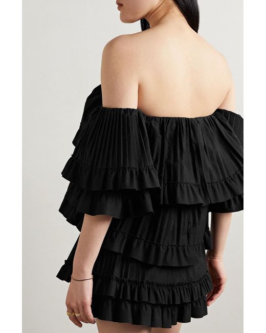 Brandon Maxwell Black Off-the-shoulder Tiered Poplin Top