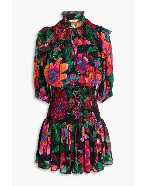 Farm Rio Red Fluted Floral-print Georgette Mini Dress