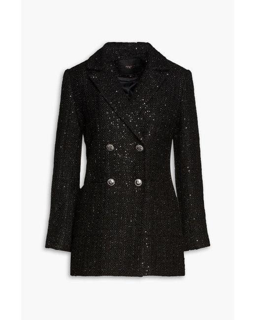 Maje Black Double-breasted Sequined Tweed Blazer
