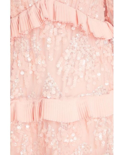 Maje Pink Ruffled Crepe-trimmed Sequined Plissé-tulle Maxi Dress