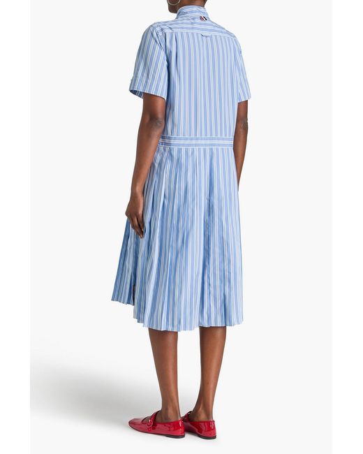 Thom Browne Blue Pleated Striped Cotton-Poplin Midi Shirt Dress