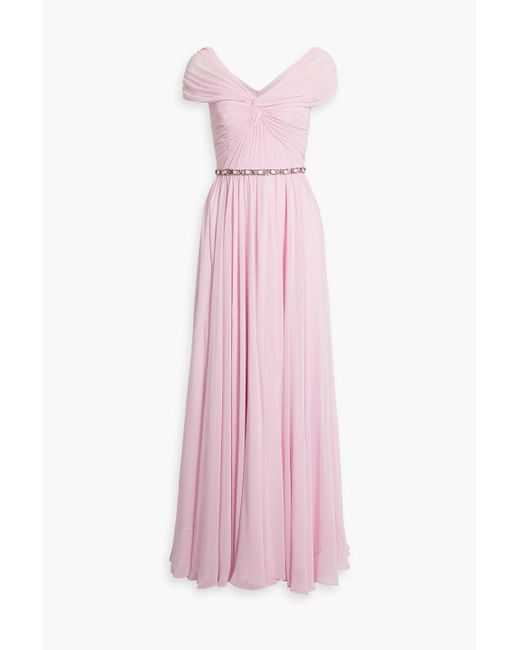 Jenny Packham Pink Embellished Ruched Chiffon Gown