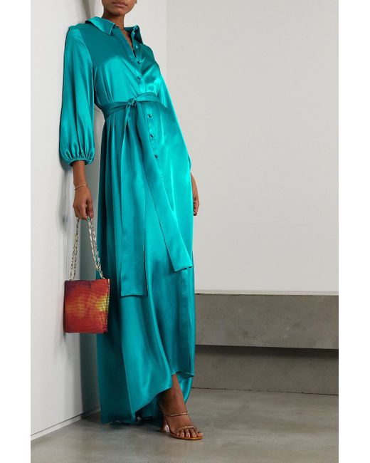 Women's Victorian-Style Shirt Dress – Silky Satin Maxi Dress, Sizes 8-24, Navy/Purple/Yellow