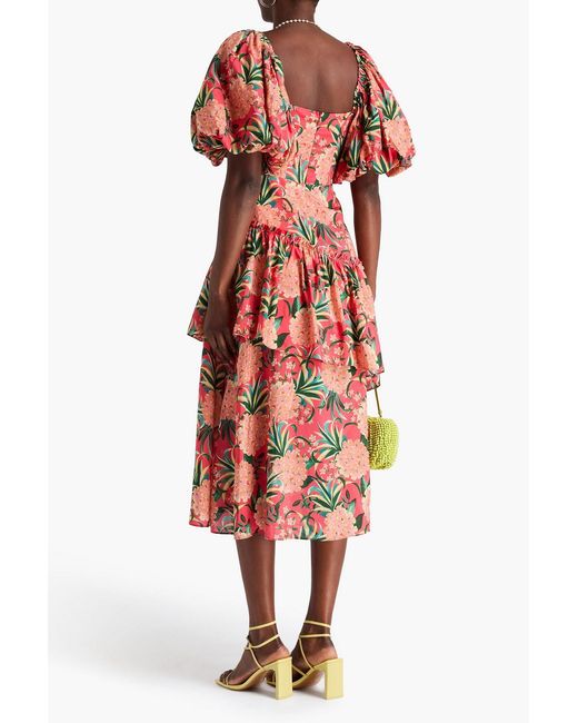 Farm Rio Red Ruffled Floral-print Cotton-blend Voile Midi Dress