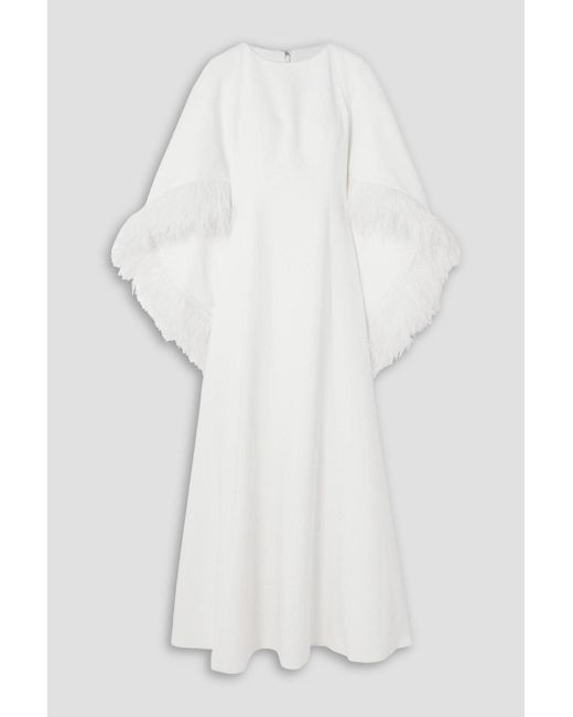 Huishan Zhang White Christelle Cape-effect Feather-trimmed Crepe Gown