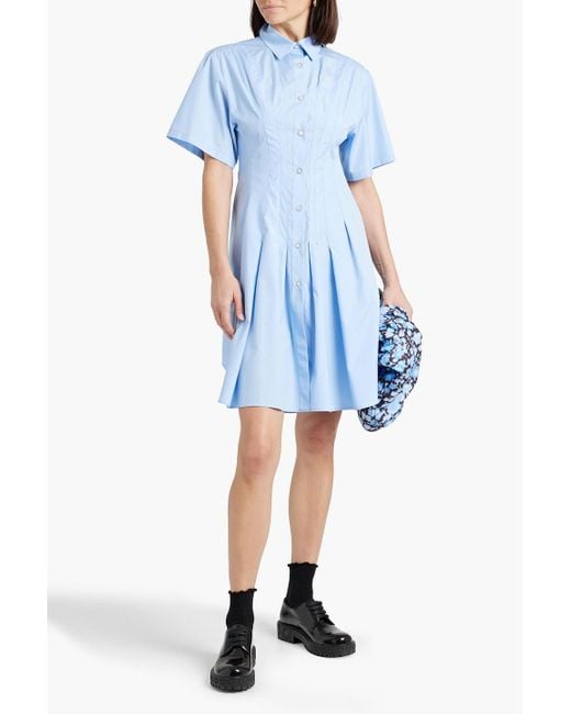 Marni Blue Plissiertes hemdkleid aus baumwollpopeline in minilänge