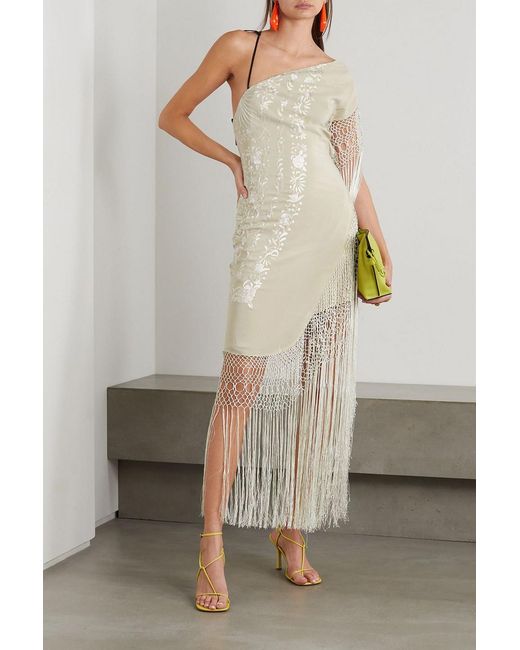 Conner Ives White The Vanguard Fringed Embroidered Silk-Blend Crepe Midi Dress