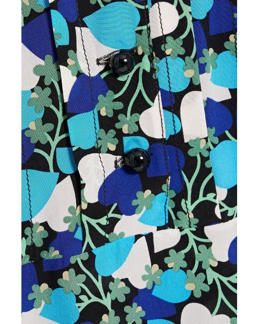 Anna Sui Blue Pintucked Floral-print Silk-crepe Midi Dress