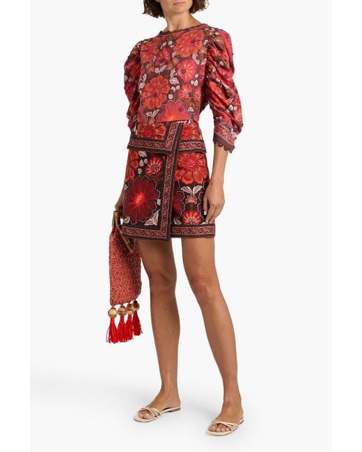 Farm Rio Red Appliquéd Floral-Print Cotton-Voile Blouse