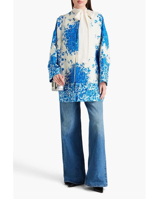 Valentino Garavani Blue Oversized Floral-print Wool And Silk-blend Crepe Coat