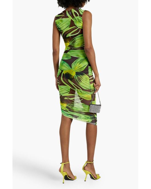 Louisa Ballou Green Asymmetric Printed Stretch-mesh Dress