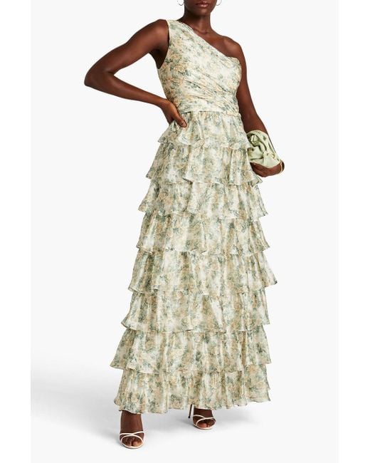 Mikael Aghal White One-shoulder Tiered Floral-print Crepe De Chine Gown