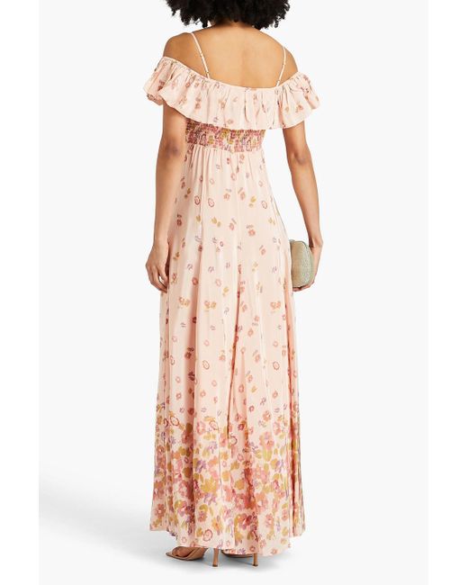 byTiMo Pink Cold-shoulder Floral-print Satin Maxi Dress