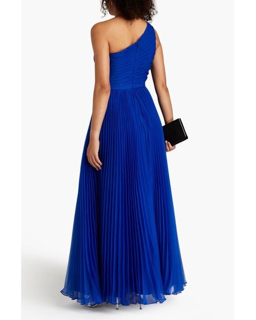 THEIA Blue Mahlia One-shoulder Pleated Organza Gown