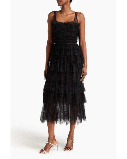 Costarellos Black Kali Crystal-Embellished Tiered Plissé Tulle And Chantilly Lace Gown