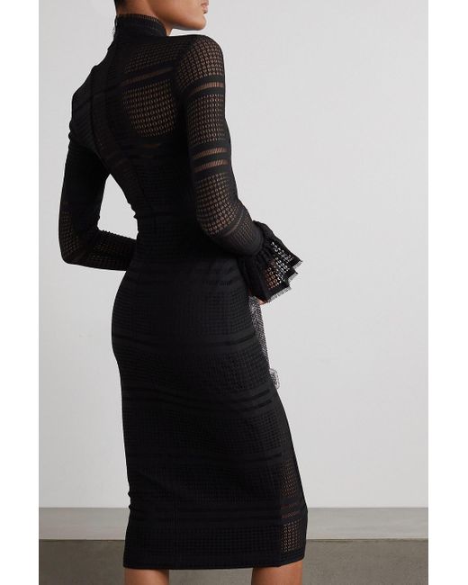 Halpern Black Ruffled Paneled Open-knit Midi Dress