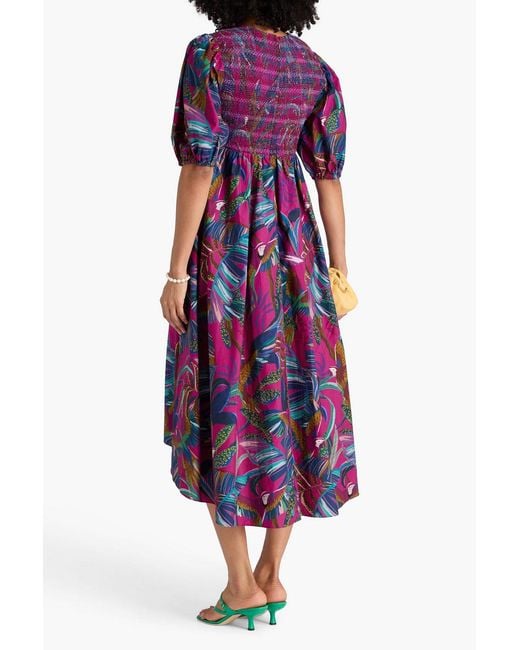 Farm Rio Purple Smocked Printed Cotton-Poplin Midi Dress