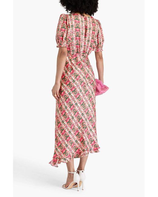 Saloni Red Vida Floral-Print Silk-Satin Jacquard Midi Dress