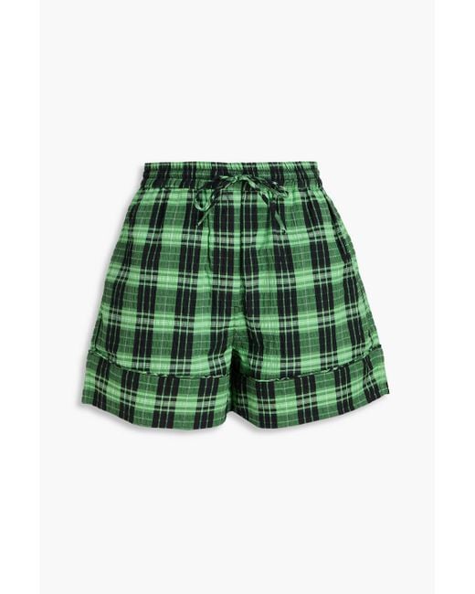 Ganni Green Gingham Cotton-Blend Seersucker Shorts