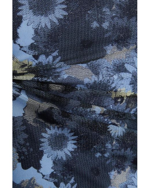 Ganni Blue Floral-print Stretch-mesh Turtleneck Top