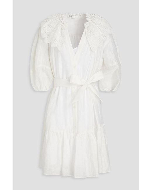 Sandro White Emiliana Broderie Anglaise-trimmed Linen-blend Mini Dress