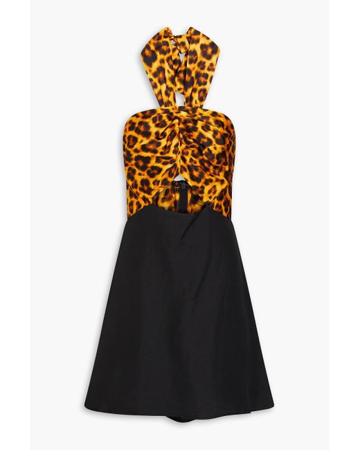 Sandro Black Cutout Leopard-print Satin-twill Mini Dress