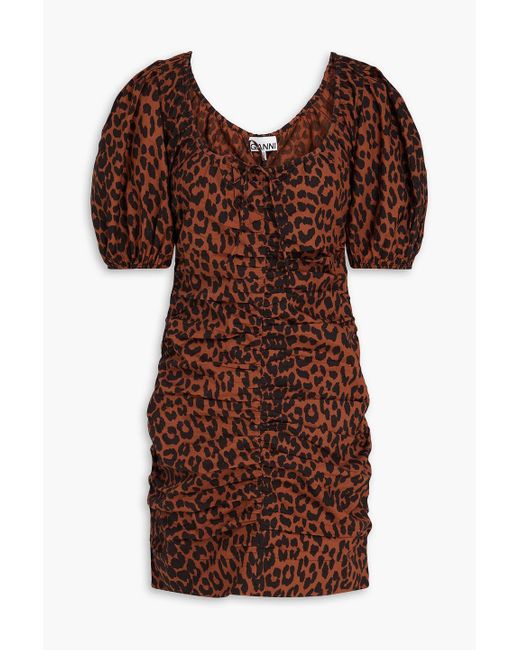 Ganni Brown Ruched Leopard-print Cotton-poplin Mini Dress