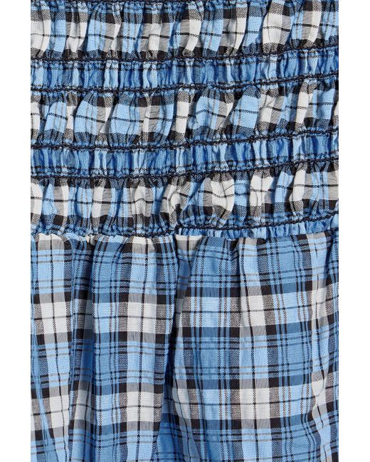Ganni Blue Shirred Checked Cotton-blend Seersucker Midi Dress