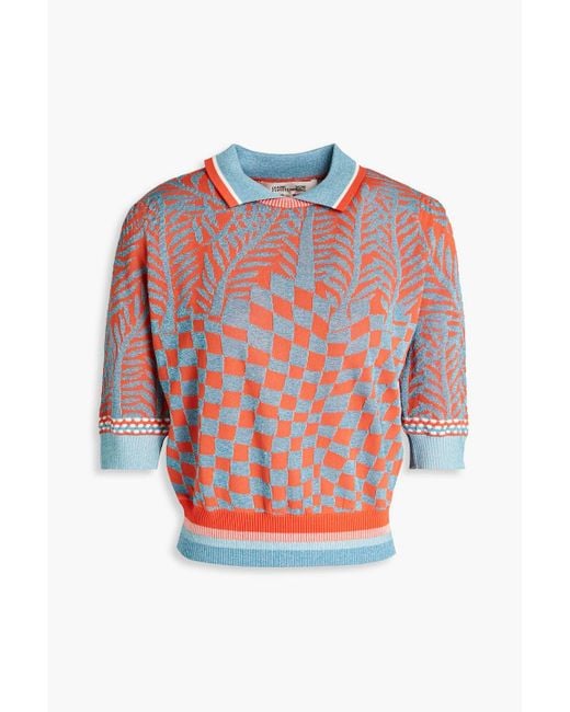 Diane von Furstenberg Red Bryce Metallic Jacquard-knit Polo Sweater