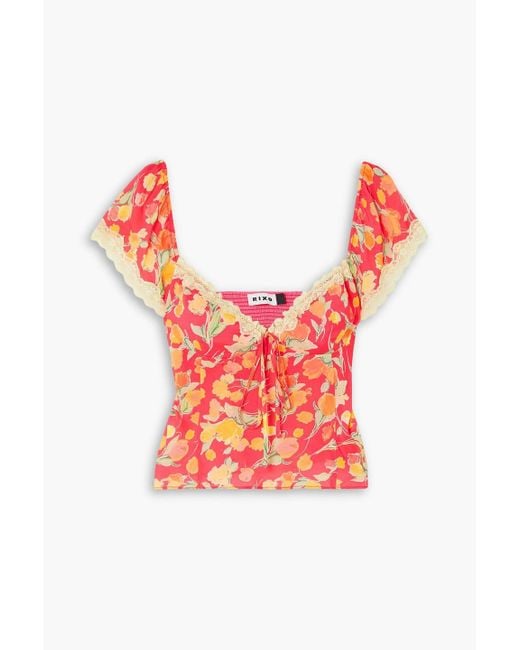Rixo Red Rosella Cropped Lace-trimmed Floral-print Crepe Top
