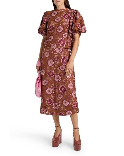 Farm Rio Red Guipure Lace Midi Skirt