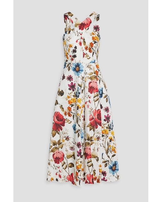 Mikael Aghal White Floral-Print Cotton-Blend Broadcloth Midi Dress