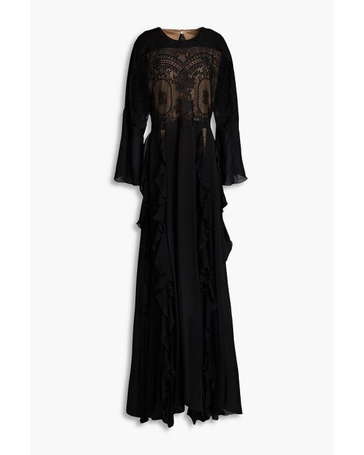Zuhair Murad Black Ruffled Silk-voile, Lace And Point D'esprit Gown