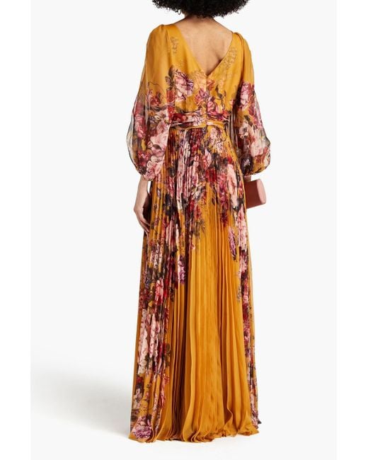 Marchesa Orange Floral-print Plissé-satin Gown