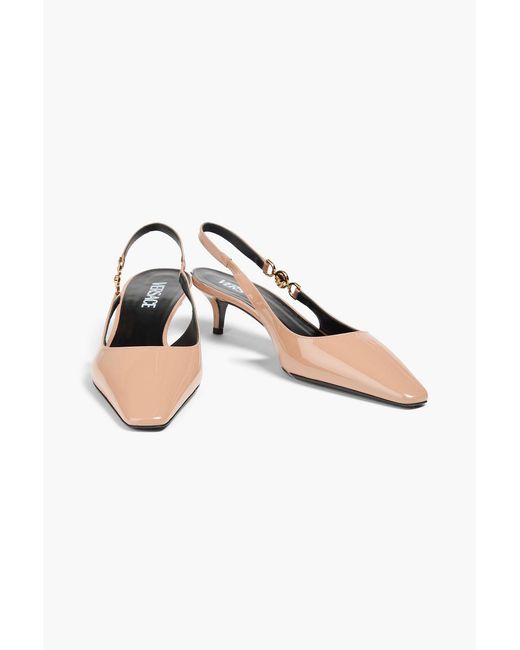 Versace White Medusa Embellished Patent-leather Slingback Pumps