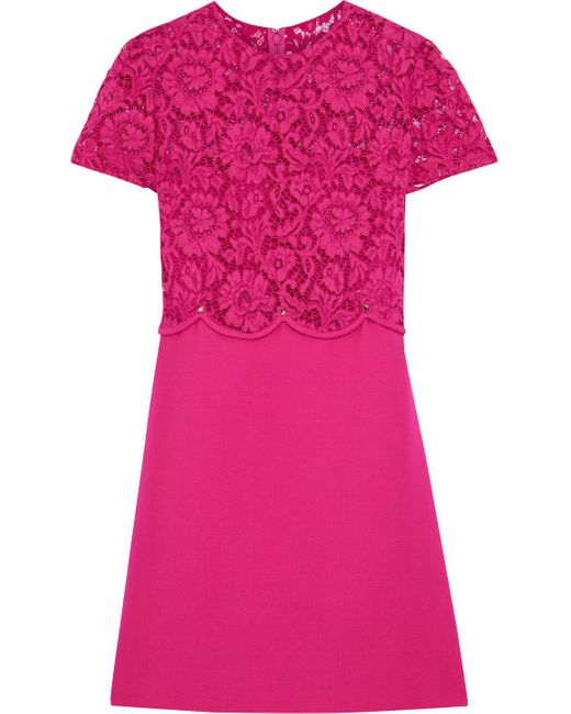 Valentino Garavani Pink Corded Lace-paneled Wool And Silk-blend Crepe Mini Dress