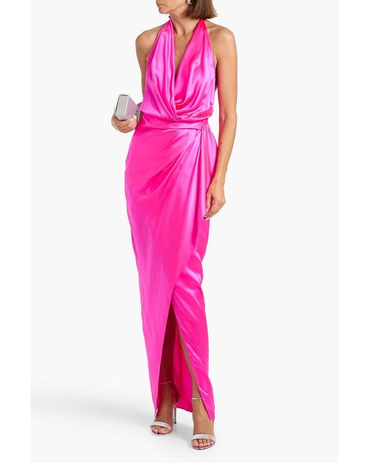 Michelle Mason Pink Draped Silk-Satin Halterneck Gown
