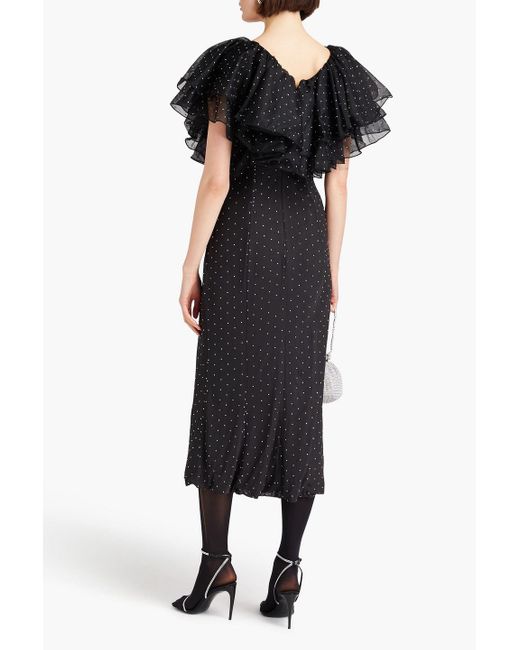 ROTATE BIRGER CHRISTENSEN Black Embellished Ruffled Mesh Midi Dress