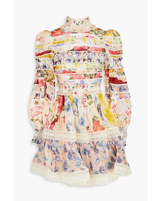 Zimmermann White Tiered Pleated Floral-print Linen And Silk-blend Gauze Mini Dress