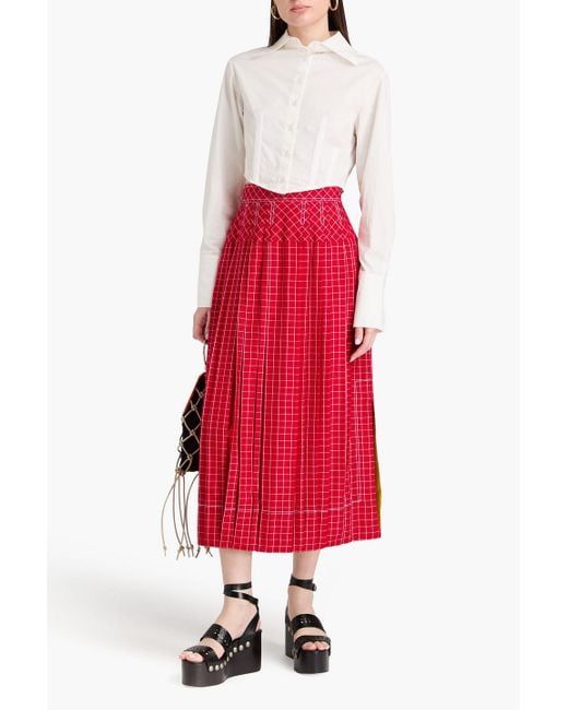Tory Burch Red Pleated Checked Silk Midi Skirt