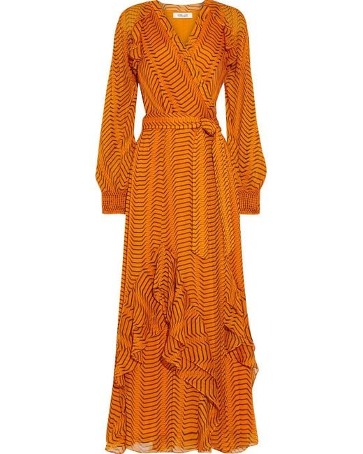 Diane von Furstenberg Orange Mercy Ruffled Printed Silk-georgette Maxi Wrap Dress