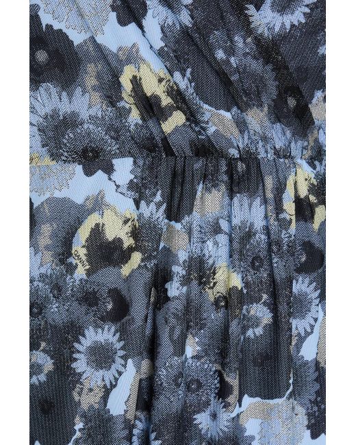 Ganni Blue Floral-print Mesh Midi Wrap Dress
