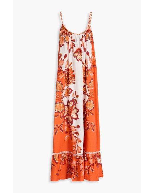 Farm Rio Orange Floral-Print Linen-Blend Maxi Dress