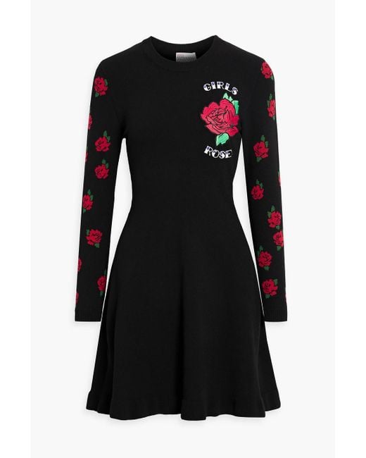 RED Valentino Black Embroiderd Jacquard-knit Mini Dress